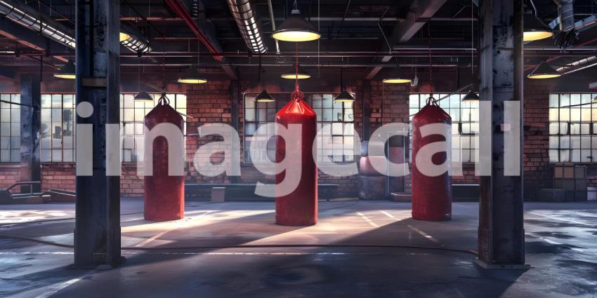 Blank Punching Bags in Boxing Gym background - Ai Generated