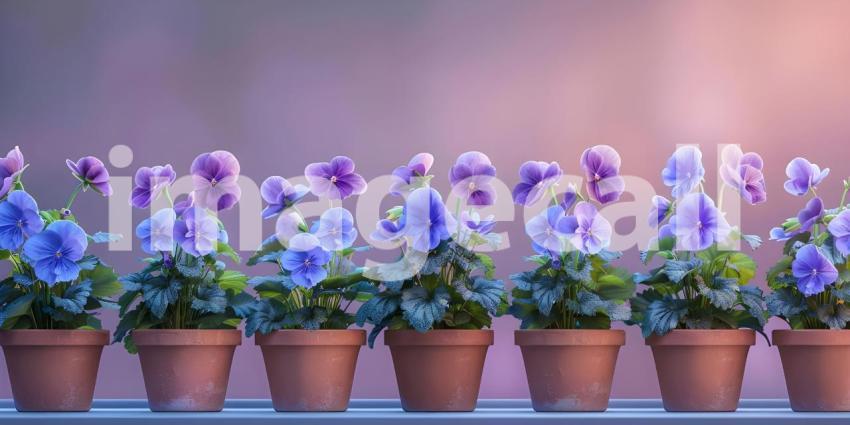 Blue and Violet Flowers in Pots in a row background - Ai Generated