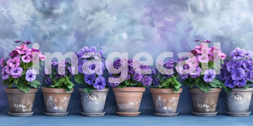 Blue and Violet Flowers in Pots in a row background - Ai Generated