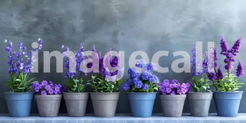 Blue and Violet Flowers in Pots in a row background - Ai Generated