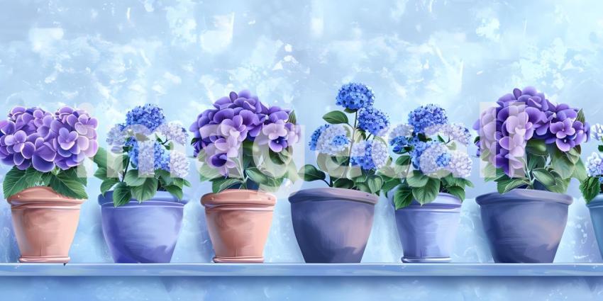 Blue and Violet Flowers in Pots in a row background - Ai Generated