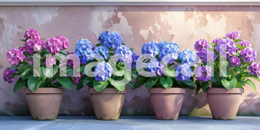 Blue and Violet Flowers in Pots in a row background - Ai Generated