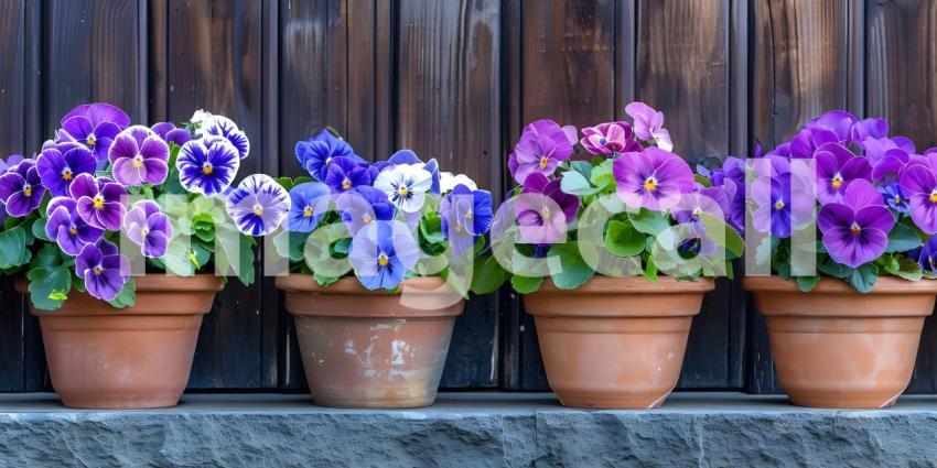 Blue and Violet Flowers in Pots in a row background - Ai Generated