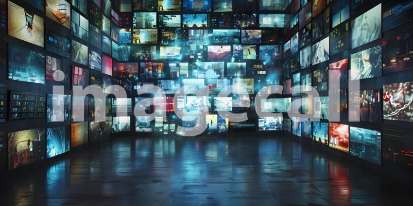Background Featuring Digital Media Wall of Screens, Digital Media Wall with Array of Screens Background - Ai Generated