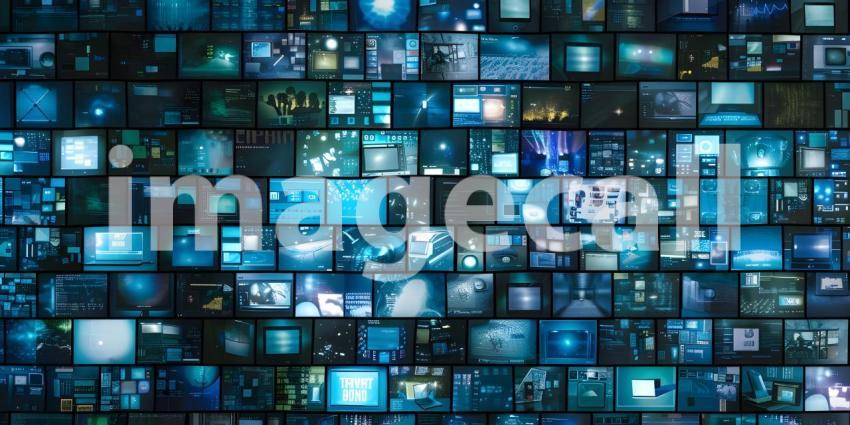 Background Featuring Digital Media Wall of Screens, Digital Media Wall with Array of Screens Background - Ai Generated