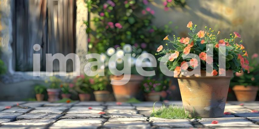 Flowers Pot in the street outside house background - Ai Generated