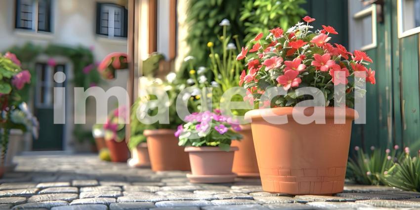 Flowers Pot in the street outside house background - Ai Generated