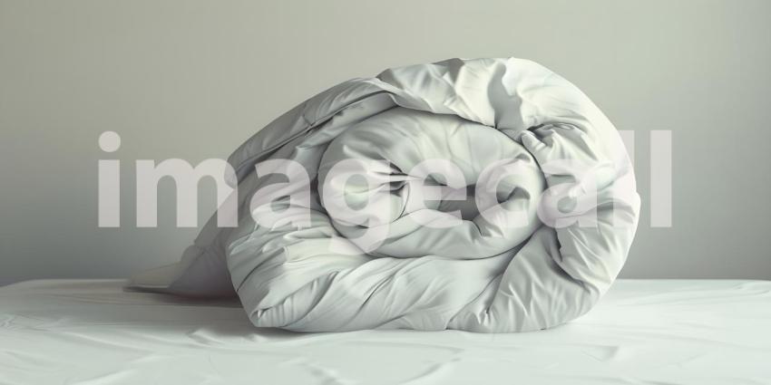 Folded Duvet Lying on White Bed background - Ai Generated