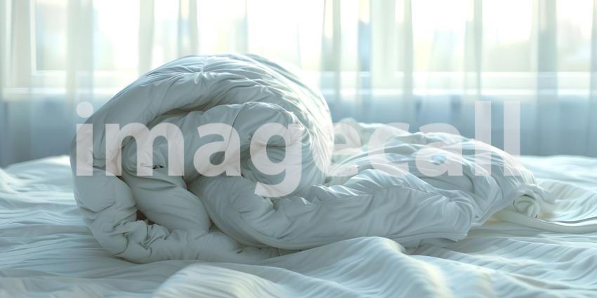 Folded Duvet Lying on White Bed background - Ai Generated