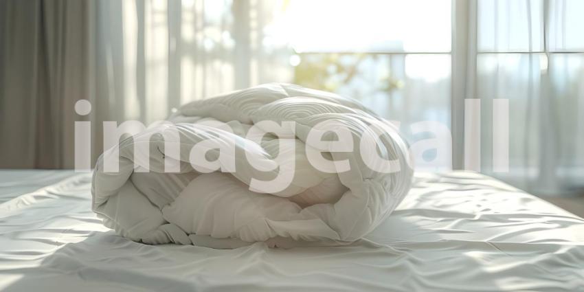 Folded Duvet Lying on White Bed background - Ai Generated