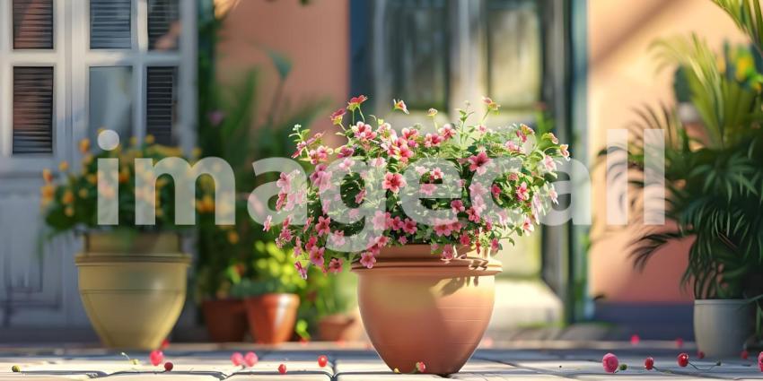 Flowers Pot in the street outside house background - Ai Generated