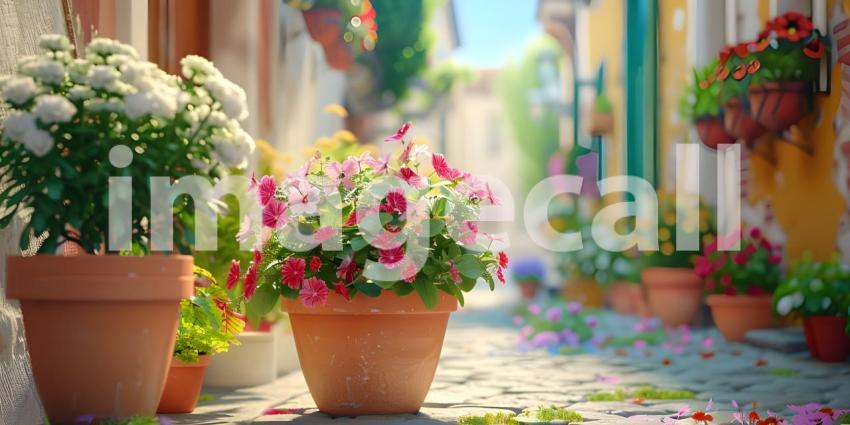 Flowers Pot in the street outside house background - Ai Generated