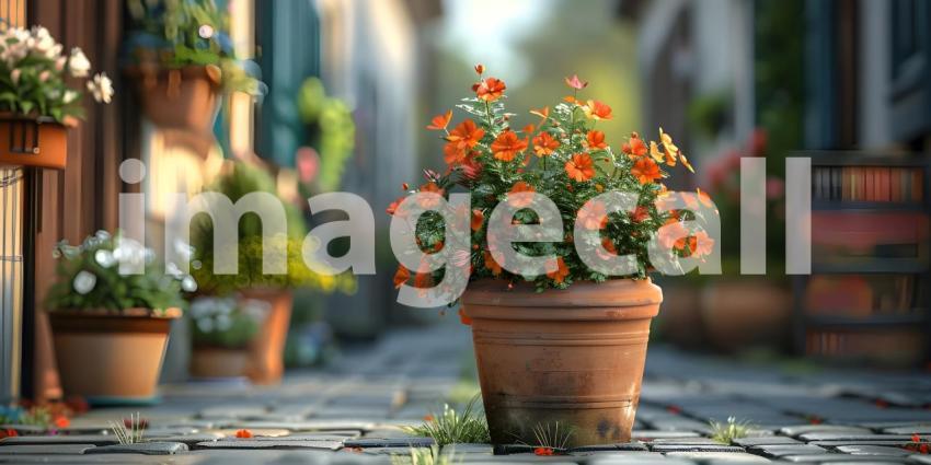Flowers Pot in the street outside house background - Ai Generated