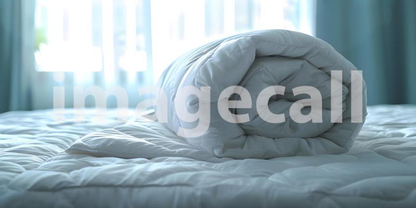 Folded Duvet Lying on White Bed background - Ai Generated