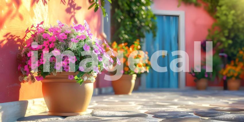 Flowers Pot in the street outside house background - Ai Generated