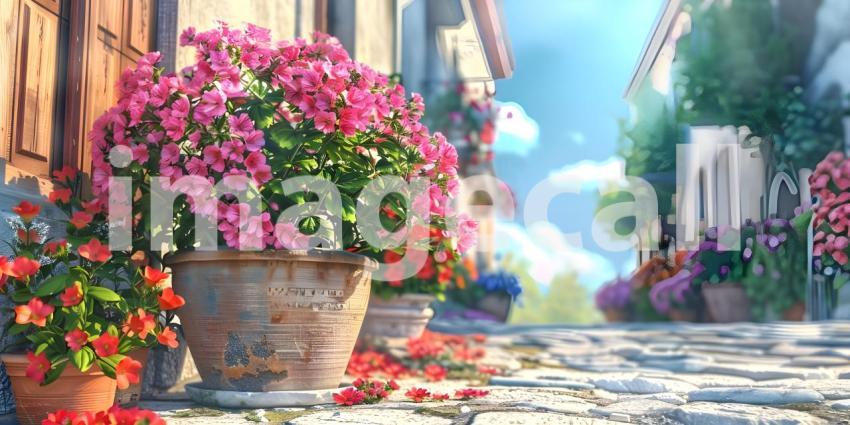 Flowers Pot in the street outside house background - Ai Generated