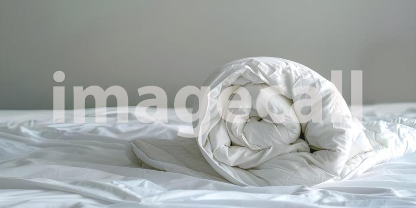 Folded Duvet Lying on White Bed background - Ai Generated