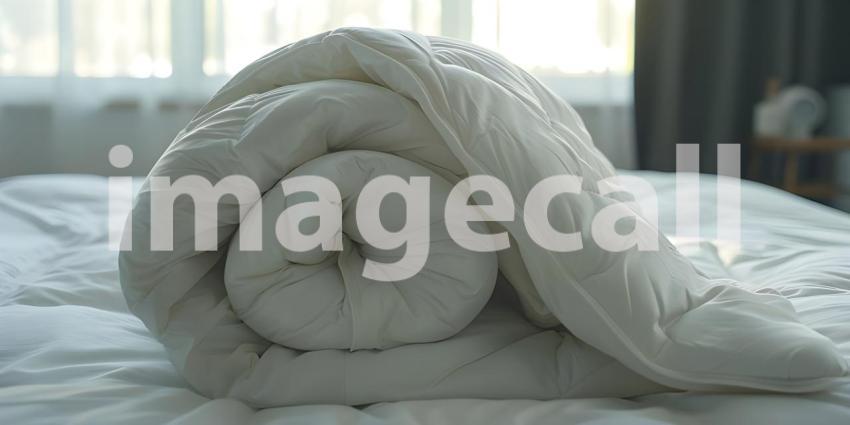 Folded Duvet Lying on White Bed background - Ai Generated