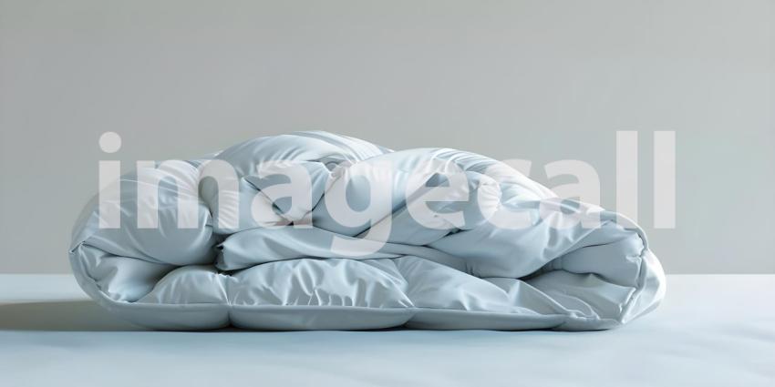 Folded Duvet Lying on White Bed background - Ai Generated