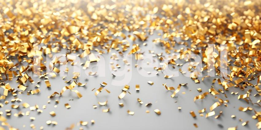 Glittering Golden Confetti Background, Shimmering Gold Confetti on Solid Surface - Ai Generated