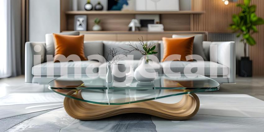 Modern glass coffee table in a living room background - Ai Generated