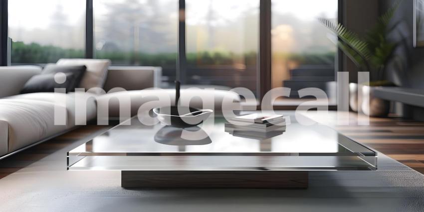 Modern glass coffee table in a living room background - Ai Generated