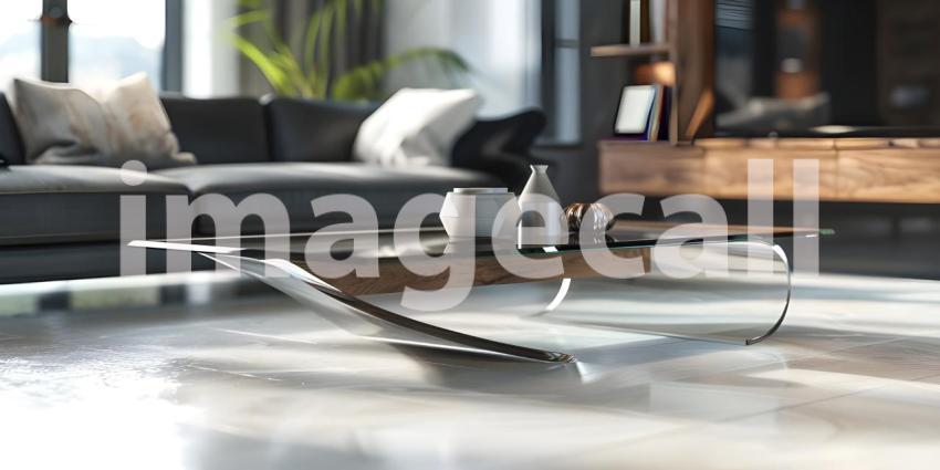 Modern glass coffee table in a living room background - Ai Generated