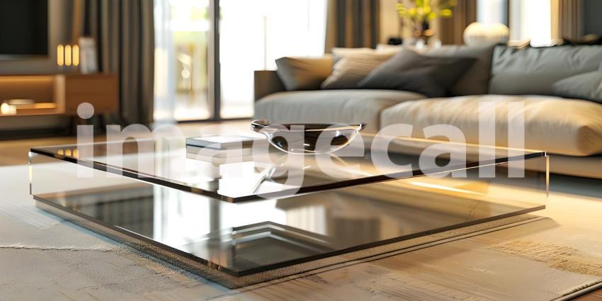 Modern glass coffee table in a living room background - Ai Generated