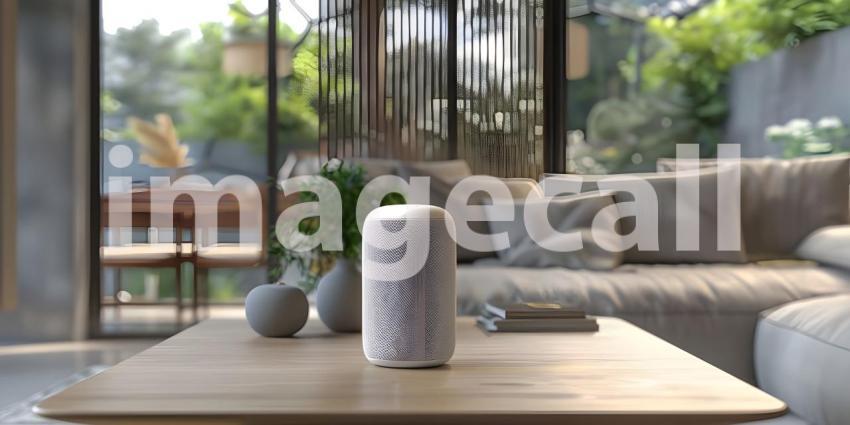 Smart AI Speaker on table in modern room background - Ai Generated