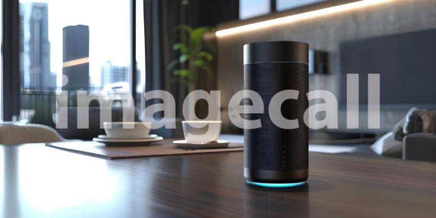 Smart AI Speaker on table in modern room background - Ai Generated
