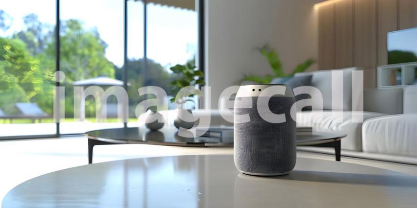 Smart AI Speaker on table in modern room background - Ai Generated