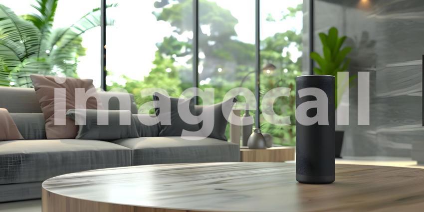 Smart AI Speaker on table in modern room background - Ai Generated