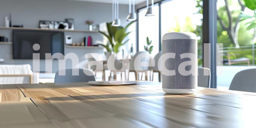 Smart AI Speaker on table in modern room background - Ai Generated