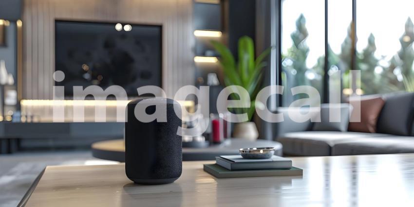 Smart AI Speaker on table in modern room background - Ai Generated