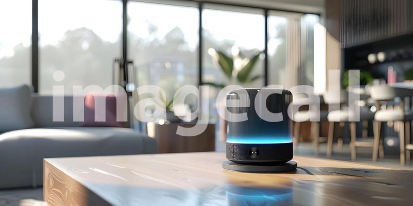 Smart AI Speaker on table in modern room background - Ai Generated
