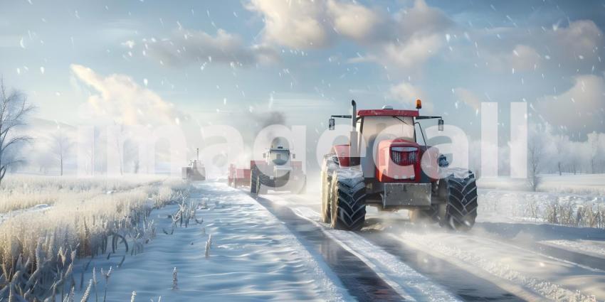 Tractors drives along the road in winter background - Ai Generated