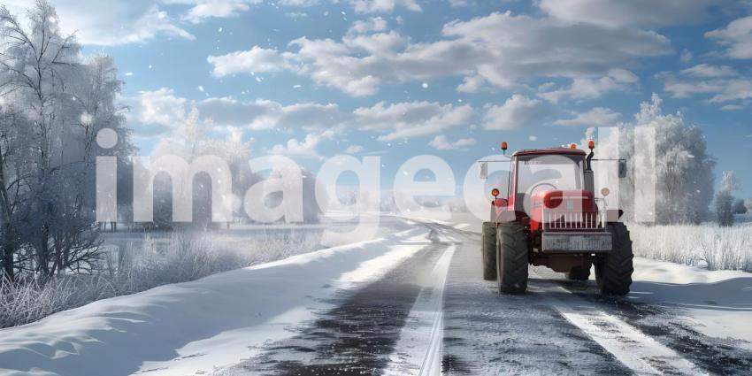 Tractors drives along the road in winter background - Ai Generated