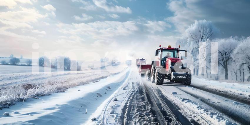 Tractors drives along the road in winter background - Ai Generated