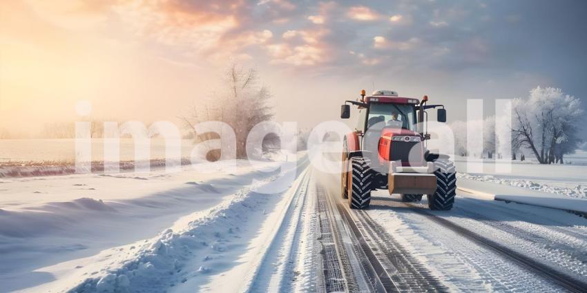 Tractors drives along the road in winter background - Ai Generated