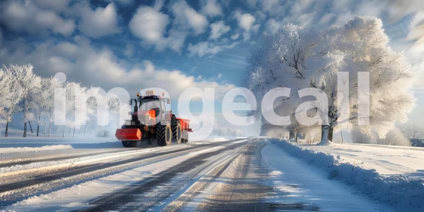 Tractors drives along the road in winter background - Ai Generated