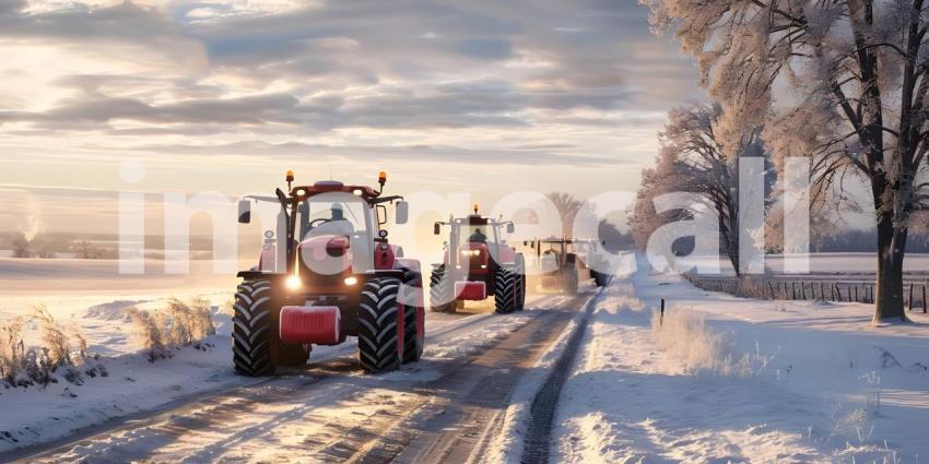Tractors drives along the road in winter background - Ai Generated