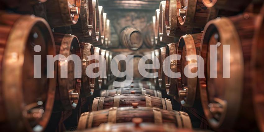 Wine Barrels in an Old Dark Wine Cellar Stack background - Ai Generated