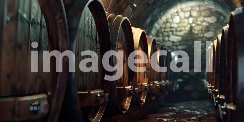 Wine Barrels in an Old Dark Wine Cellar Stack background - Ai Generated