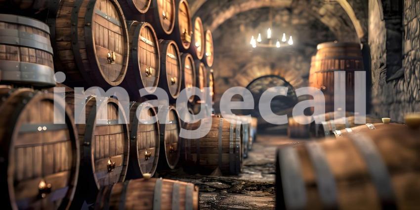 Wine Barrels in an Old Dark Wine Cellar Stack background - Ai Generated