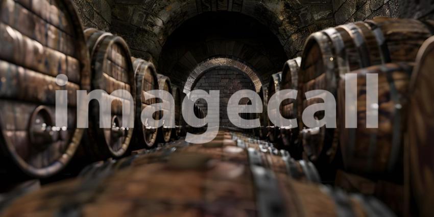 Wine Barrels in an Old Dark Wine Cellar Stack background - Ai Generated