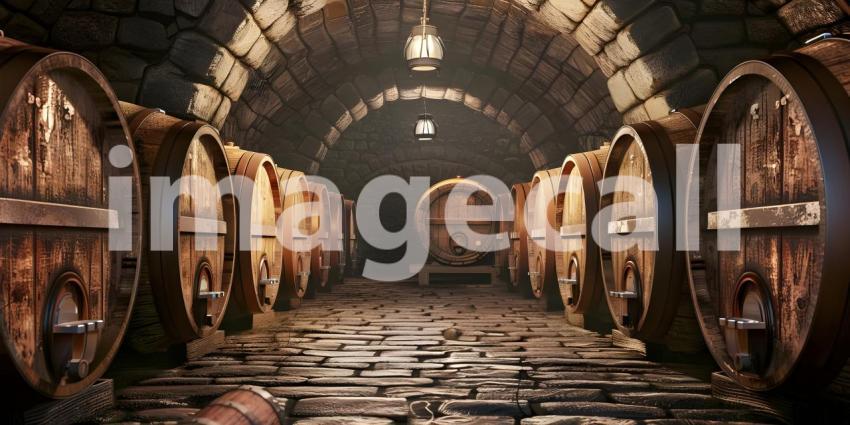 Wine Barrels in an Old Dark Wine Cellar Stack background - Ai Generated