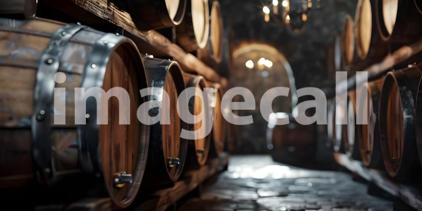 Wine Barrels in an Old Dark Wine Cellar Stack background - Ai Generated