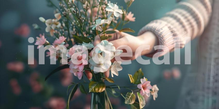Woman Hand Holding Bunch of Spring Flowers background - Ai Generated