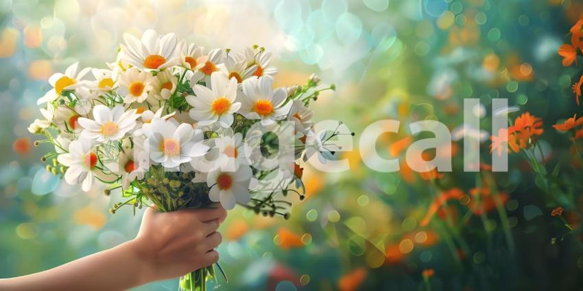 Woman Hand Holding Bunch of Spring Flowers background - Ai Generated