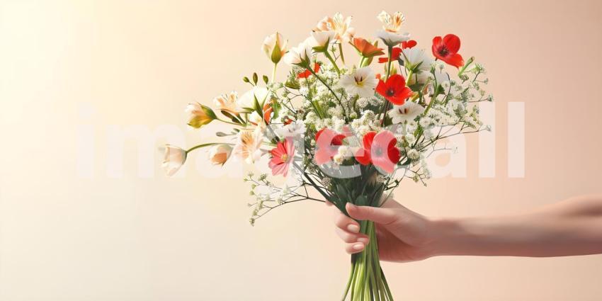 Woman Hand Holding Bunch of Spring Flowers background - Ai Generated